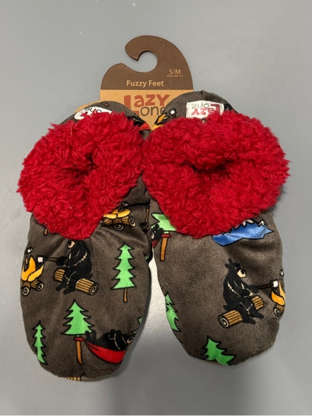 Lazy One Kids Fuzzy Slippers with Red Cuffs and Forest Print